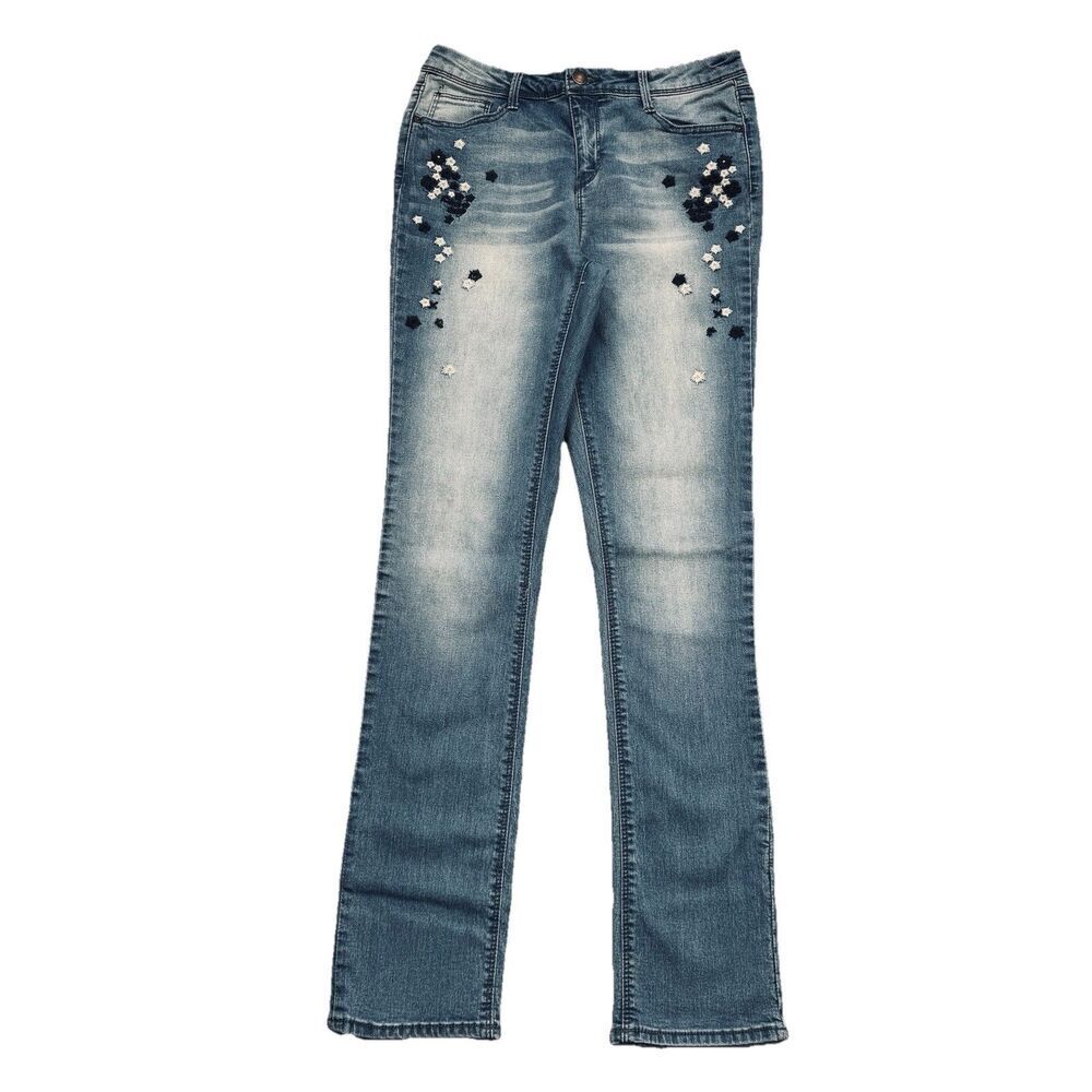 Black Daisy Kate Straight Leg Embroidered Jeans 5/27 (26x29) Blue Stretch Womens